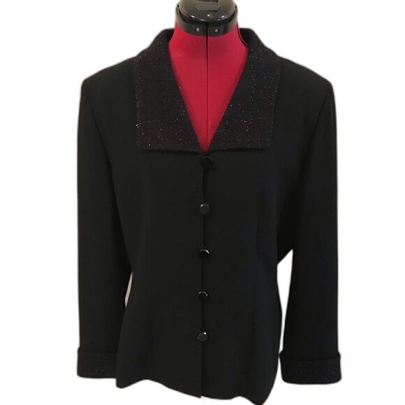 Kasper ASL Blazer Women Size 14 Black Metallic Lapel & Cuff Long Sleeves - Picture 1 of 11
